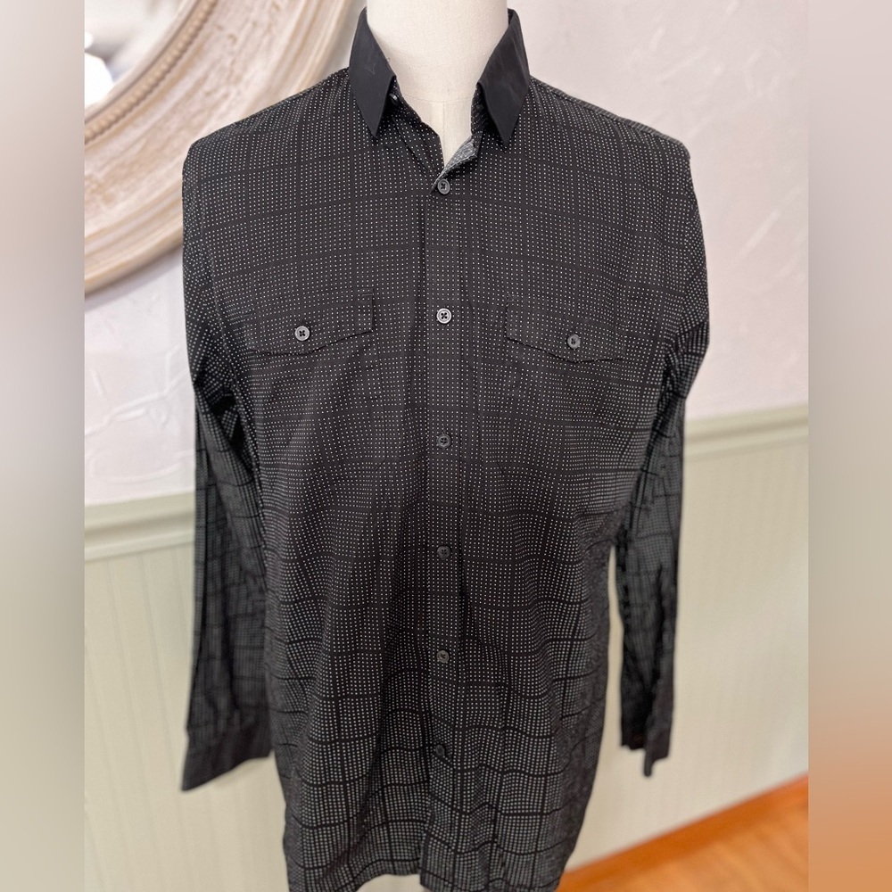 Express Men's Fitted Long Sleeve Shirt Black And White Cotton Size L 16-16.5‎